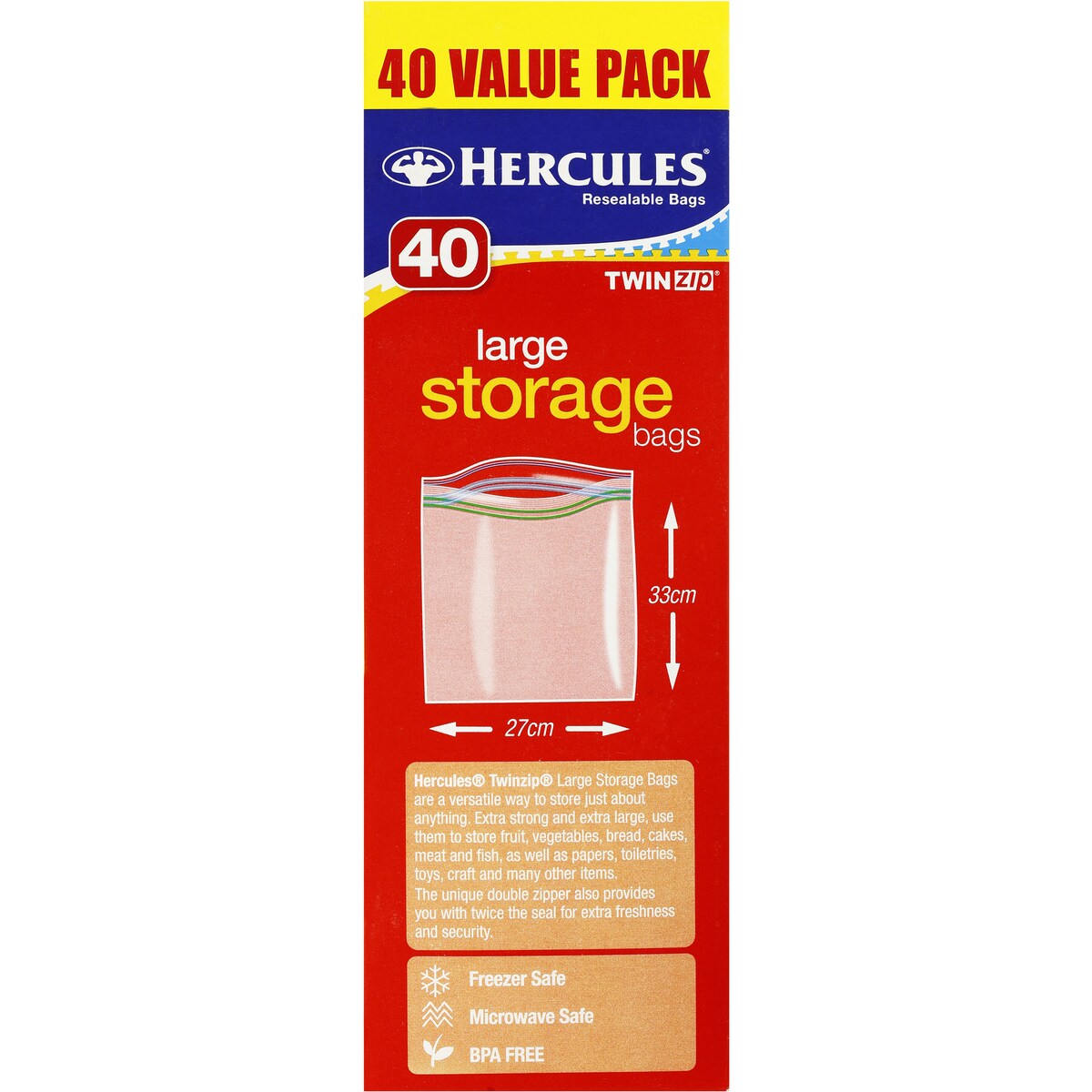 Hercules Twin Zip Resealable Storage Bags Large 40 pack