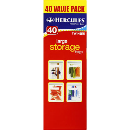 Hercules Twin Zip Resealable Storage Bags Large 40 pack