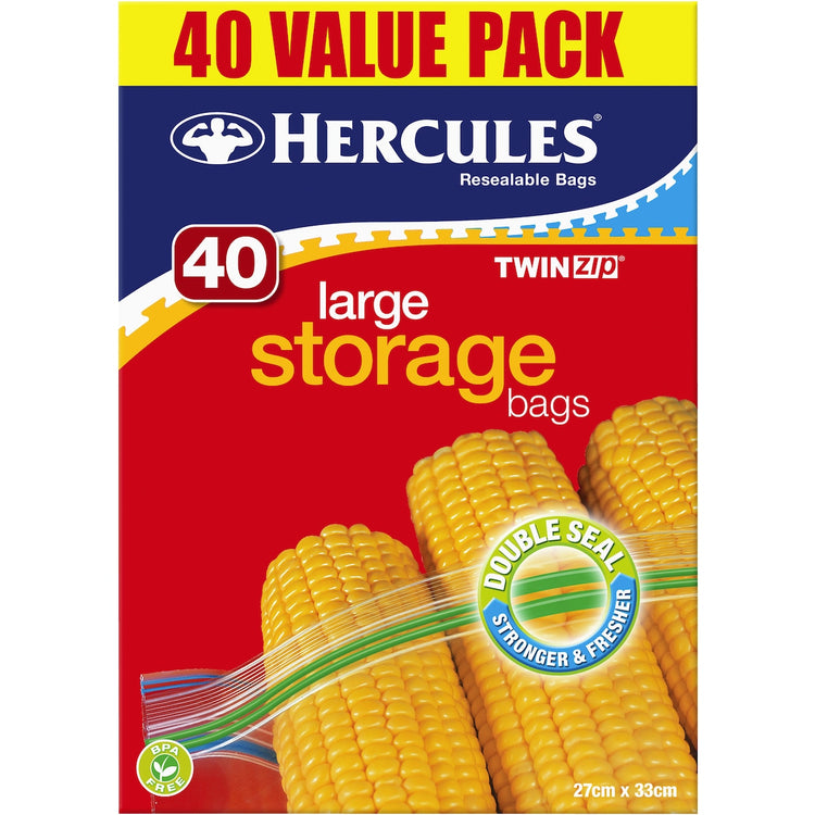 Hercules Twin Zip Resealable Storage Bags Large 40 pack