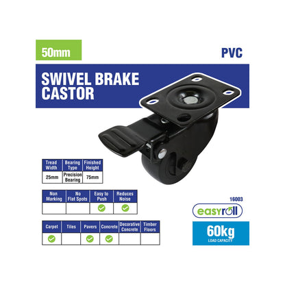 Easyroll Swivel Castor with Brake - 50mm - Black PVC
