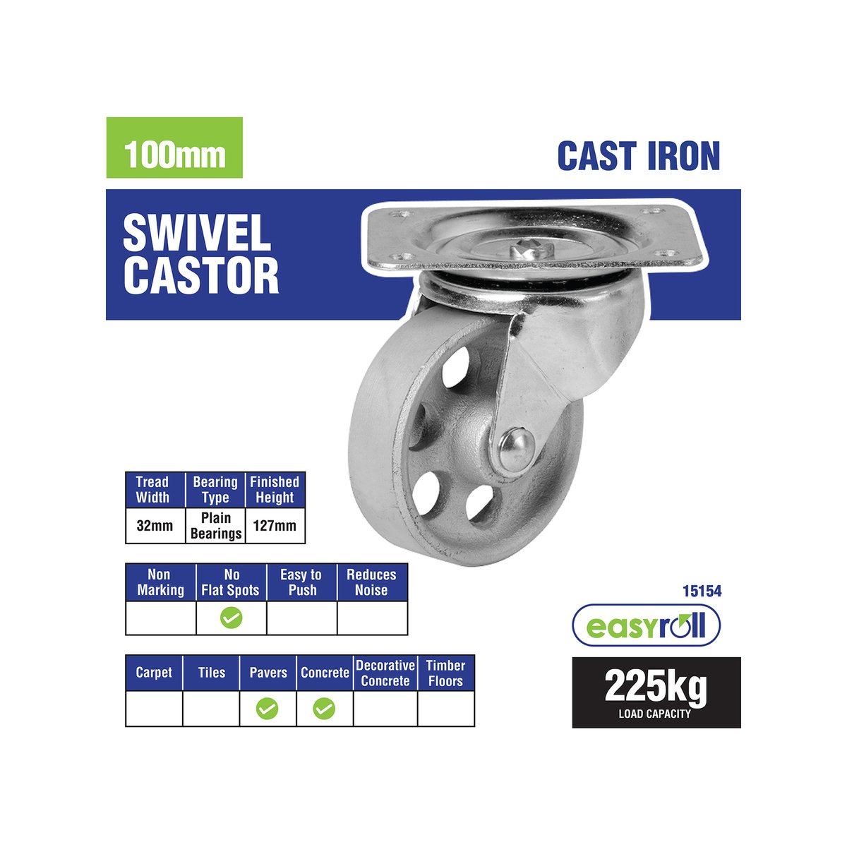 Easyroll Castor - 100mm - Cast Iron - High Load Capacity