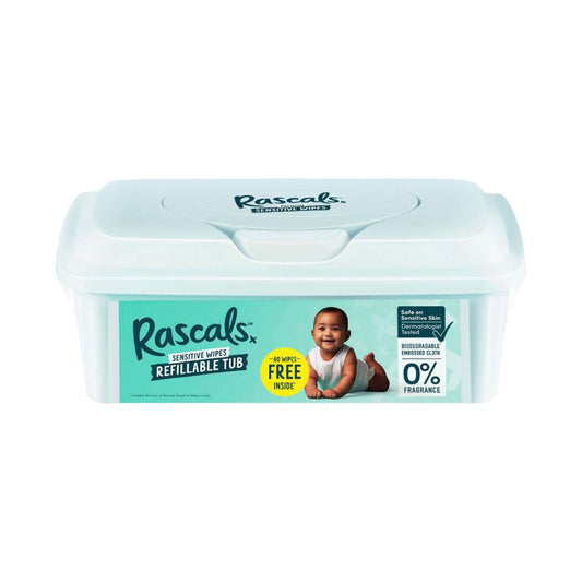 Rascals Premium Sensitive Wipes Plastic Free oth Refillable Tub - 80 Pack