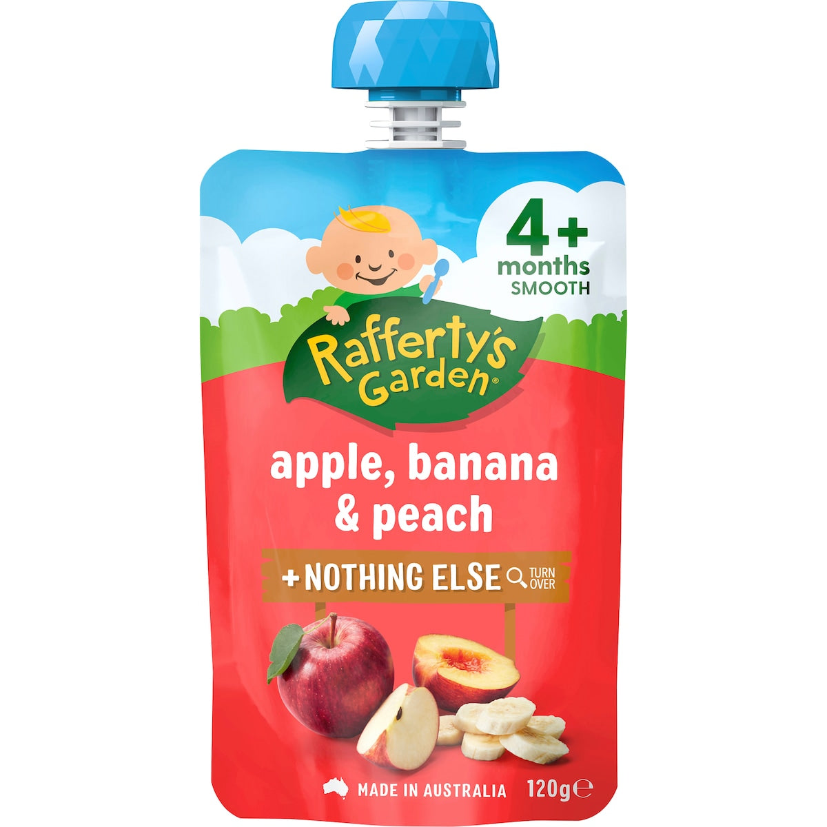 Raffertys Garden Baby Food Pouch Apple, Banana & Peach Nothing Else 4+ Months 120g