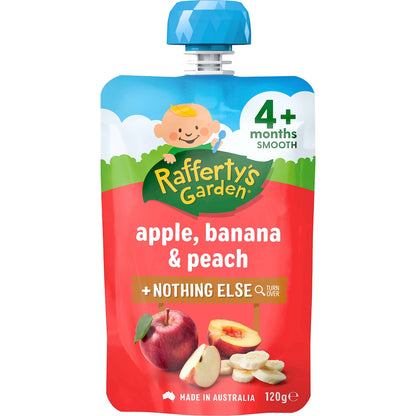 Raffertys Garden Baby Food Pouch Apple, Banana & Peach Nothing Else 4+ Months 120g