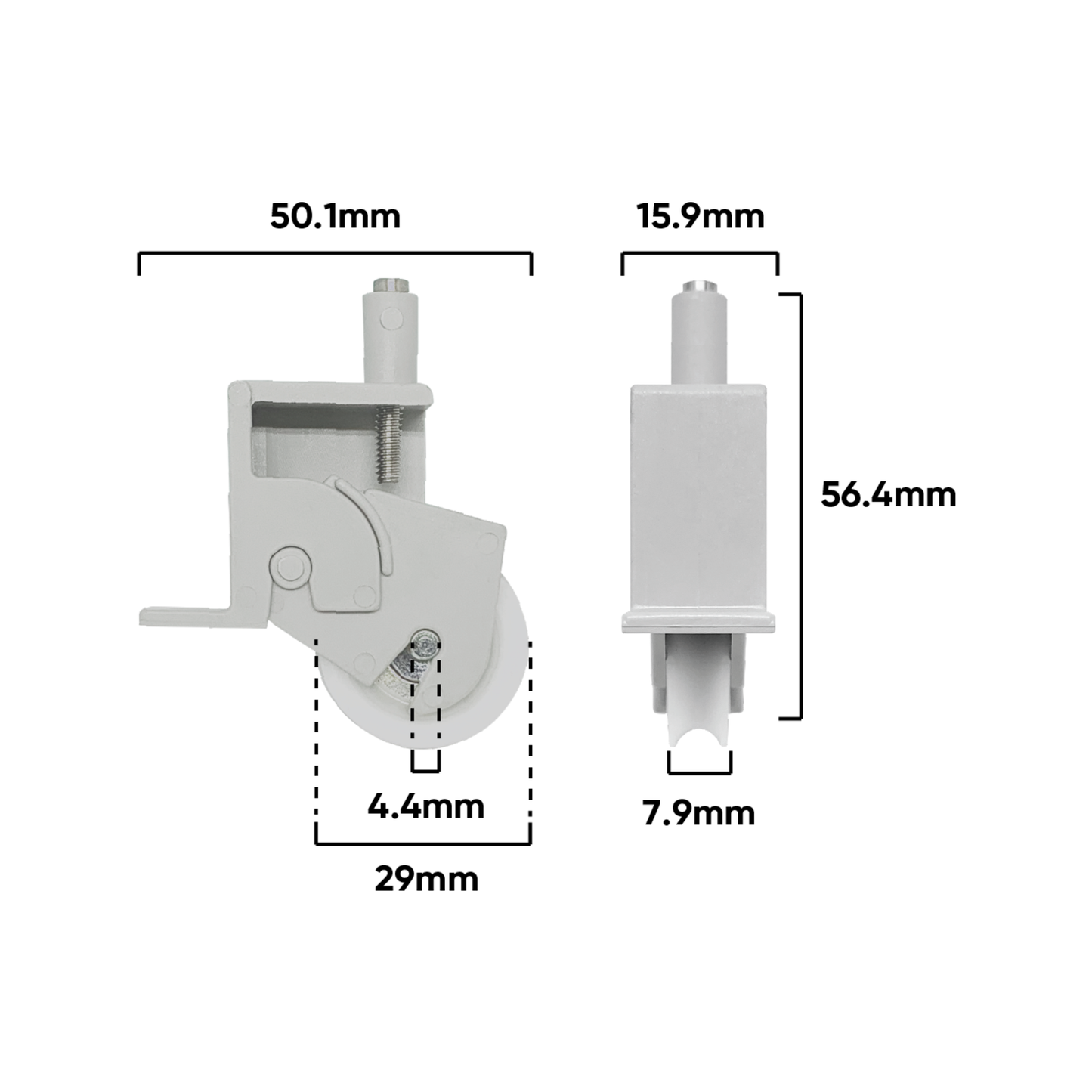 Rolltrak Adjustable Plastic Carriage - 54 x 62mm - Acetal Roller - 15kg
