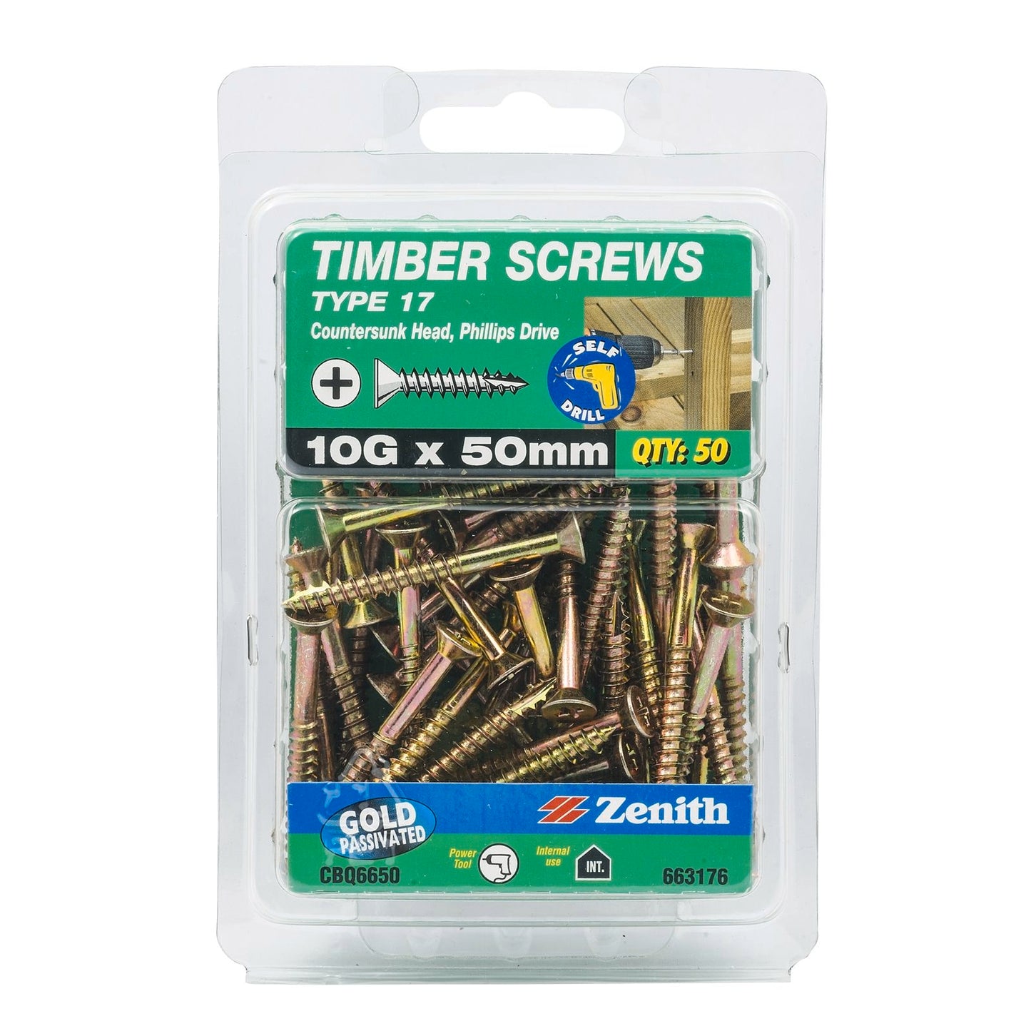 Zenith Timber Screws - 10g x 50mm - Gold - 50 Pack