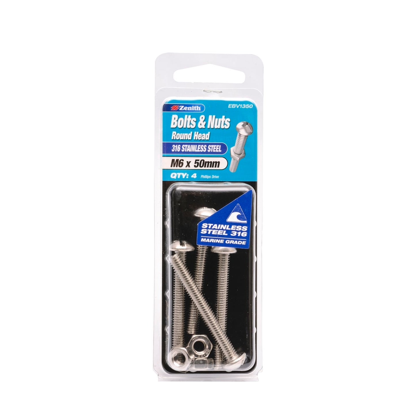 Zenith M6 x 50mm - 316 Stainless Steel Round Head Bolts & Nuts - 4 Pack