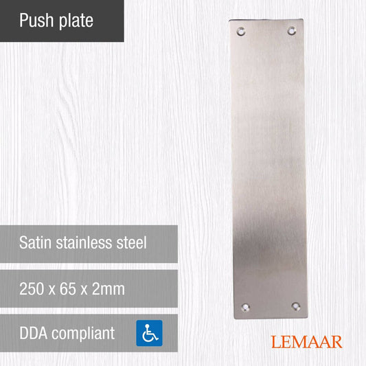 Lemaar Push Plate 250x65x2mm Satin Stainless Steel DDA Compliant