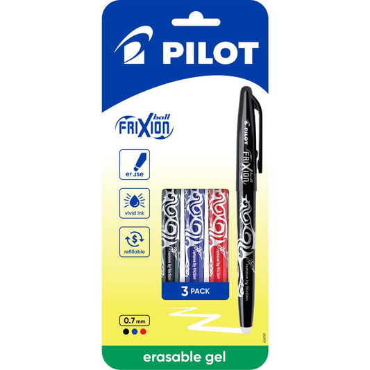 Pilot Frixion Ball Erasable Gel Pen 0.7mm Black Blue & Red 3 Pack