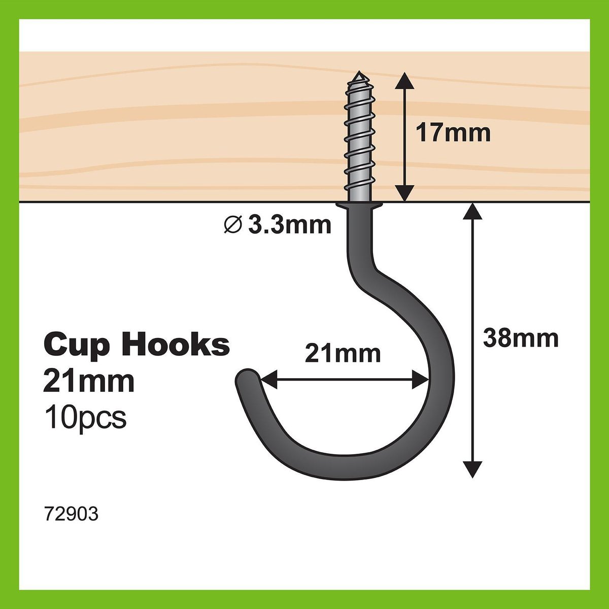 Everhang Cup Hook - 21mm - Steel - Light Duty - 10 Pack