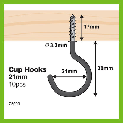 Everhang Cup Hook - 21mm - Steel - Light Duty - 10 Pack
