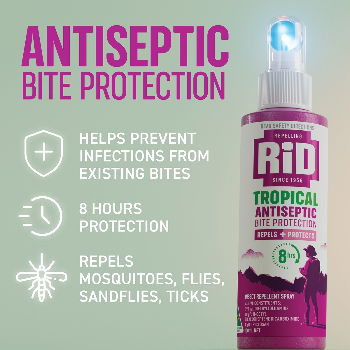 Rid Medicated Insect Repellent Tropical Strength + Antiseptic 100ml
