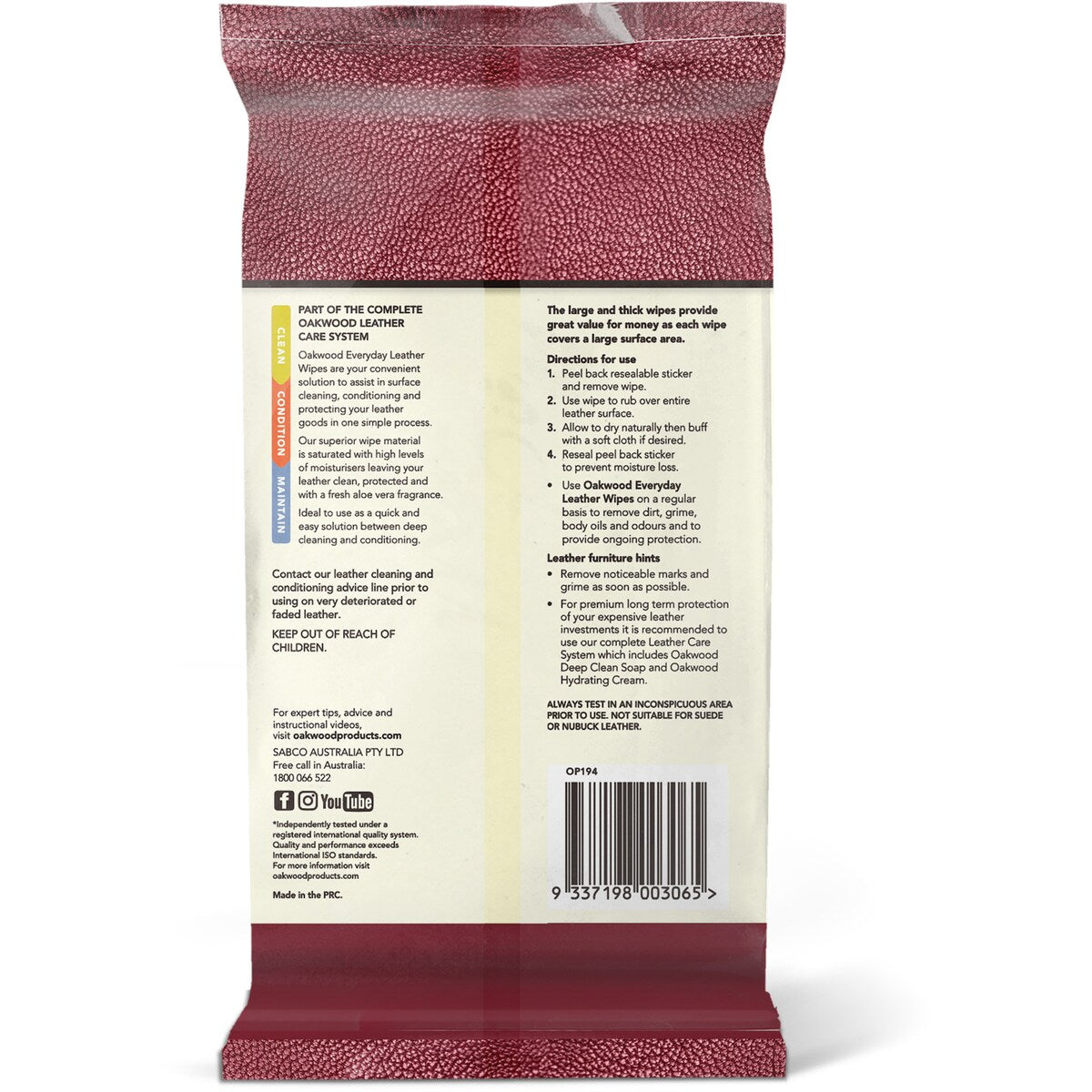 Oakwood Leather Polish Conditioner Wipes 20 pack