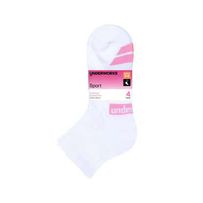 Underworks Womens 1/4 Crew Sock Size 5-8 White - 4 PACK