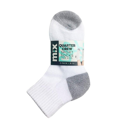 Mix Kids Qtr Crew Sport Socks White 9-12 3 pack