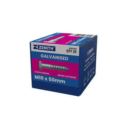 Zenith Hot Dip Galvanised Hex Head Coach Screws - M10 x 50mm - 25 Pack