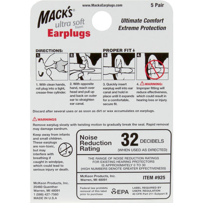 Macks Ear Plugs Ultra Foam 5 pack