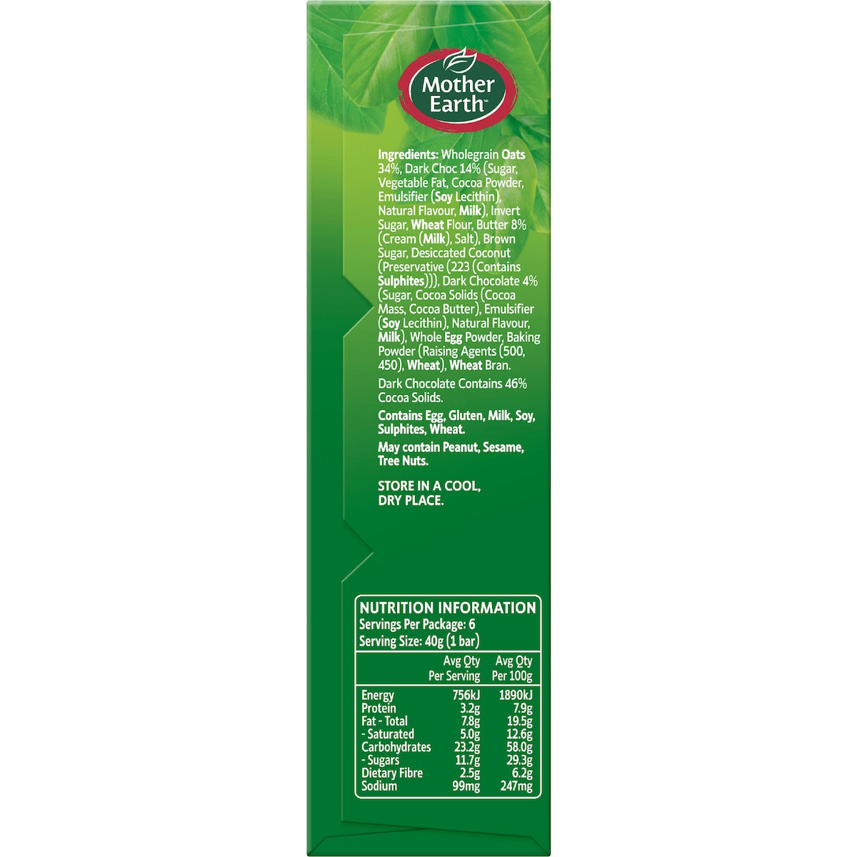 Mother Earth Chocolate Chip Oaty Slice 40g X 6 Pack