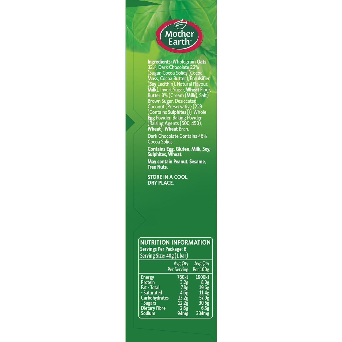 Mother Earth Chocolate Chip Oaty Slice 6 Pack 240g