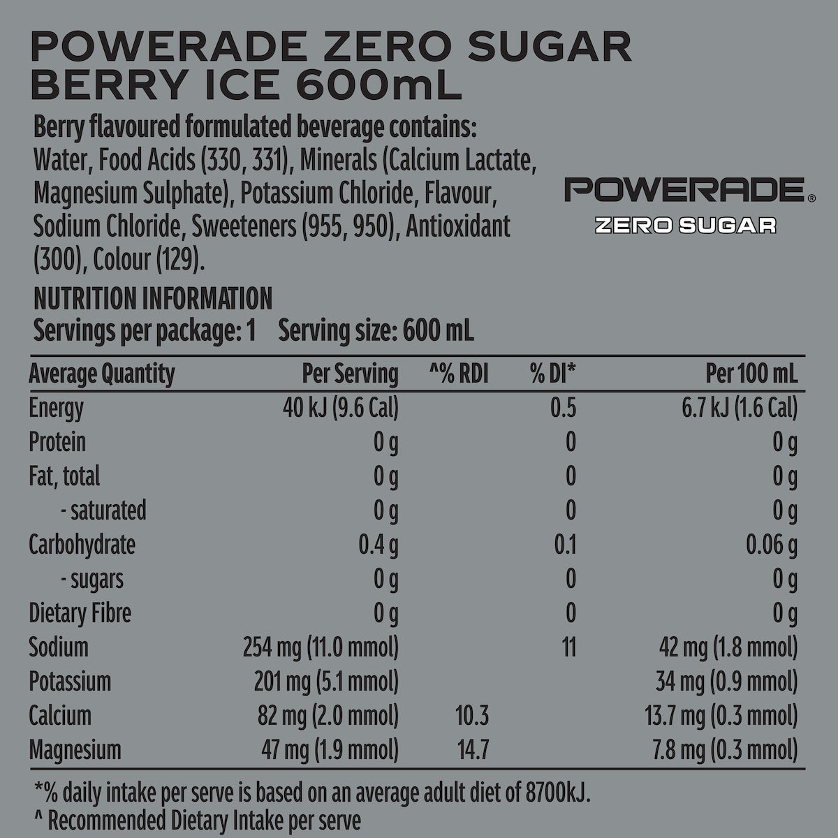 Powerade Berry Ice Zero Sports Drink Sipper Cap 600ml