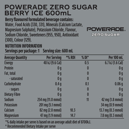 Powerade Berry Ice Zero Sports Drink Sipper Cap 600ml