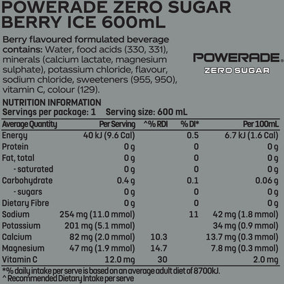 Powerade Berry Ice Zero Sports Drink Sipper Cap 600ml