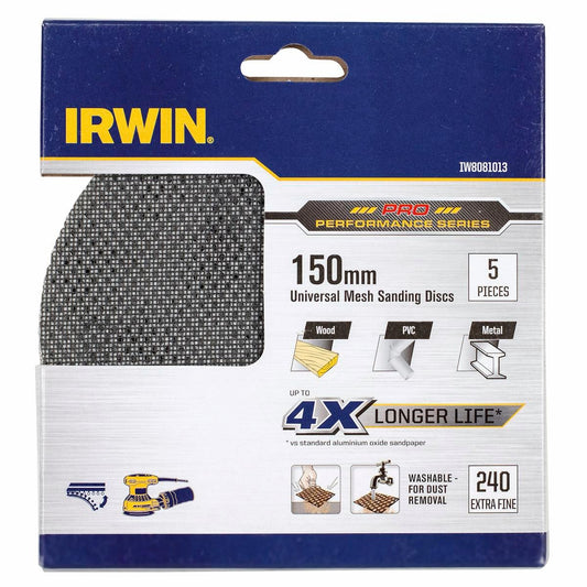 Irwin 150mm Universal Mesh Sanding Discs Extrafine 240 Grit- 5 Pack