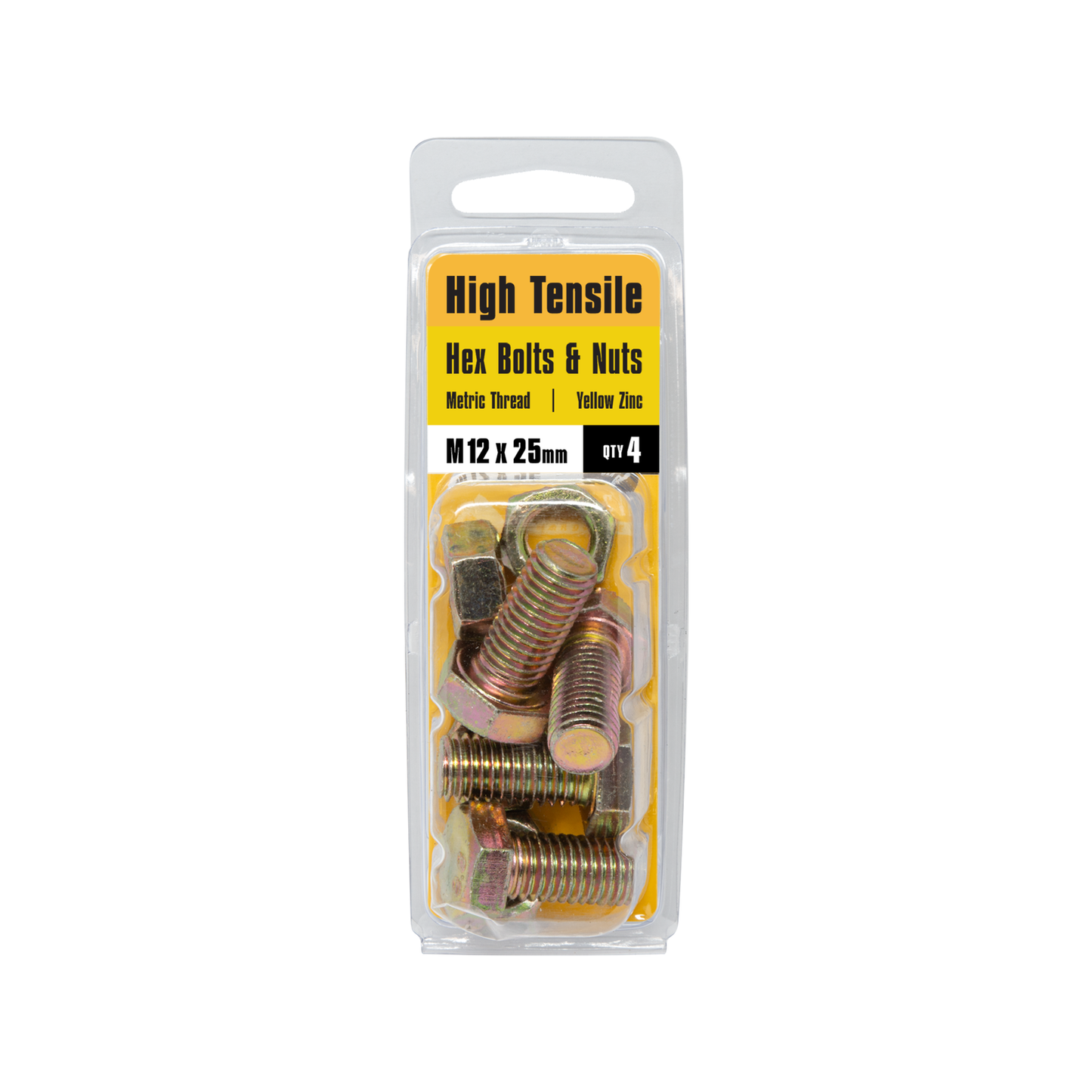 Pinnacle Yellow Zinc Hi Tensile Hex Bolt and Nut - 12 x 25mm - 4 Pack