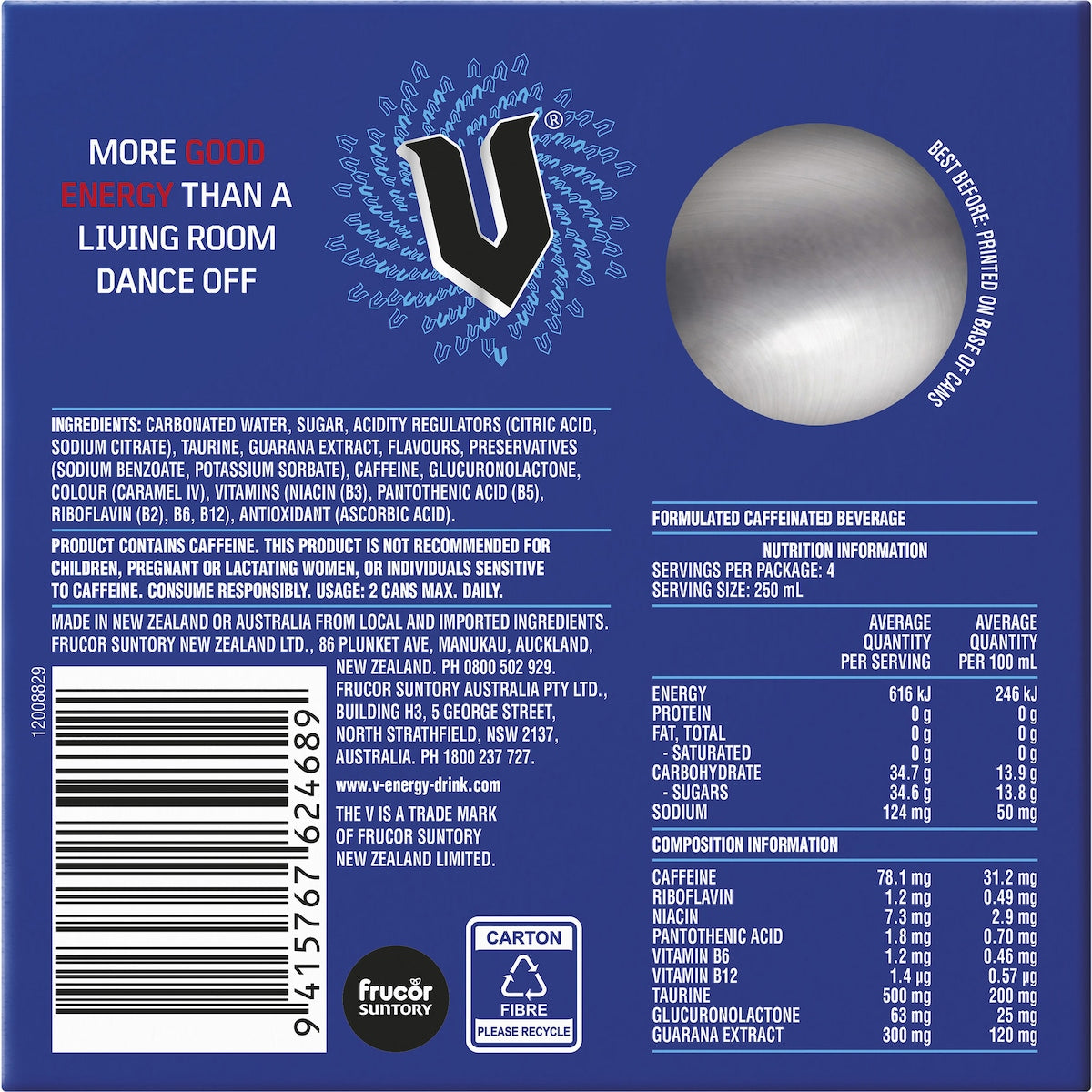 V Energy Blue 250ml X 4 Pack