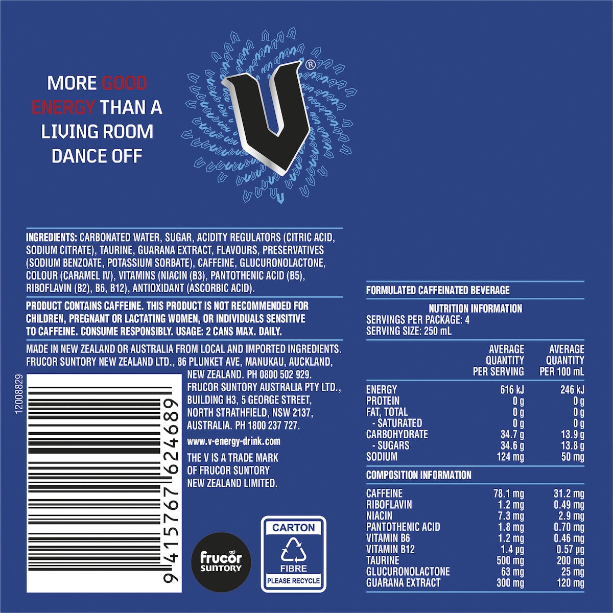 V Energy Blue 250ml X 4 Pack