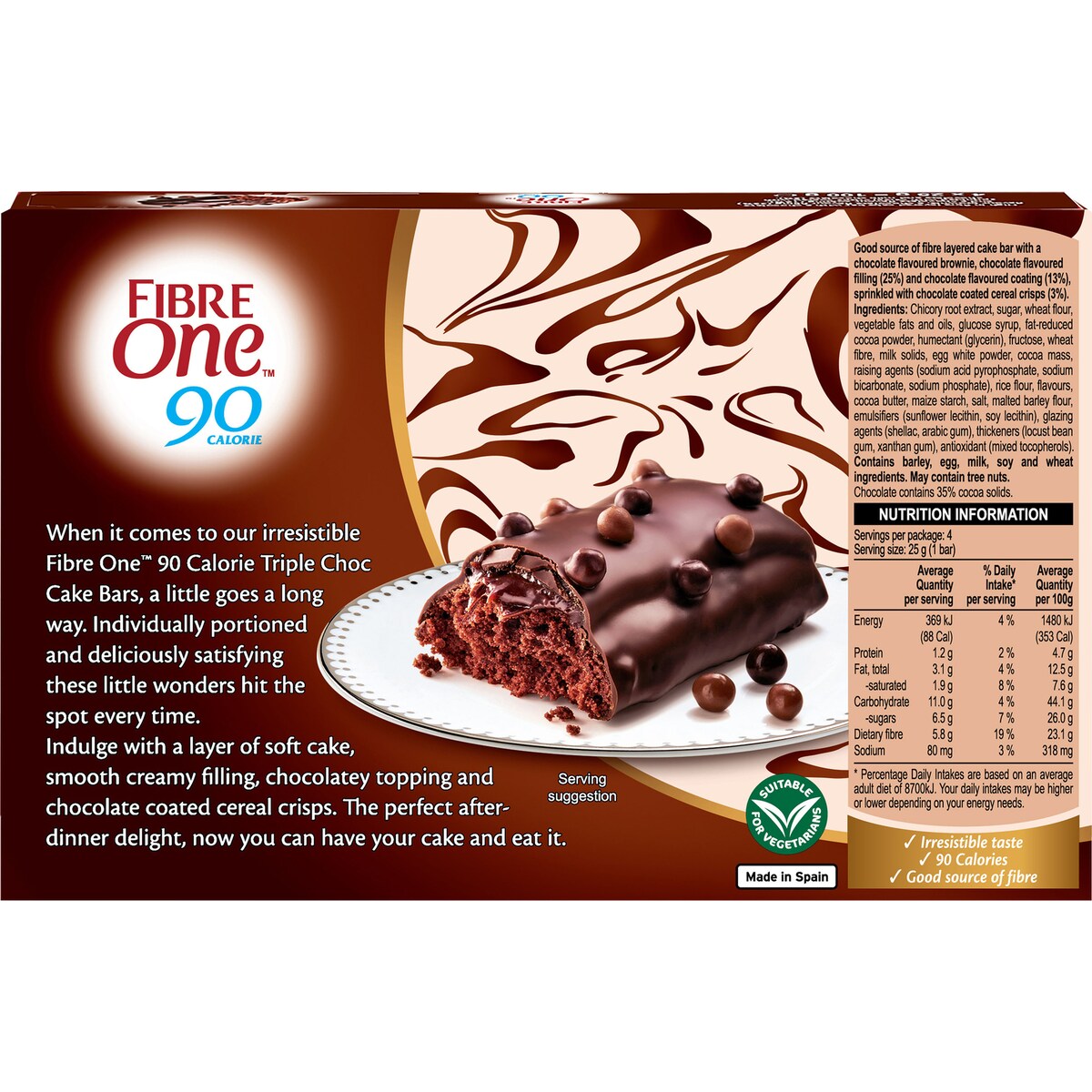 Fibre One 90 Calorie Triple Choc Cake Snack Bars 4 Pack