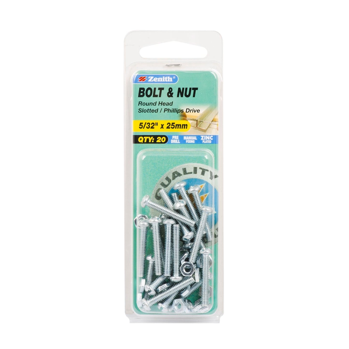 Zenith Round Head Bolt & Nut - 5/32 x 25mm - 20 Pack