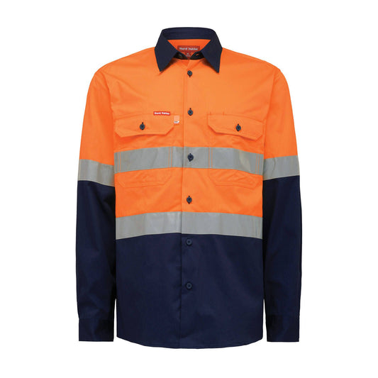 Hard Yakka Hi Vis Taped Long Sleeve Shirt - M - Orange/Navy