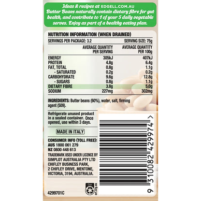 Edgell Canned Butter Beans Picked & Soaked Legumes 400g