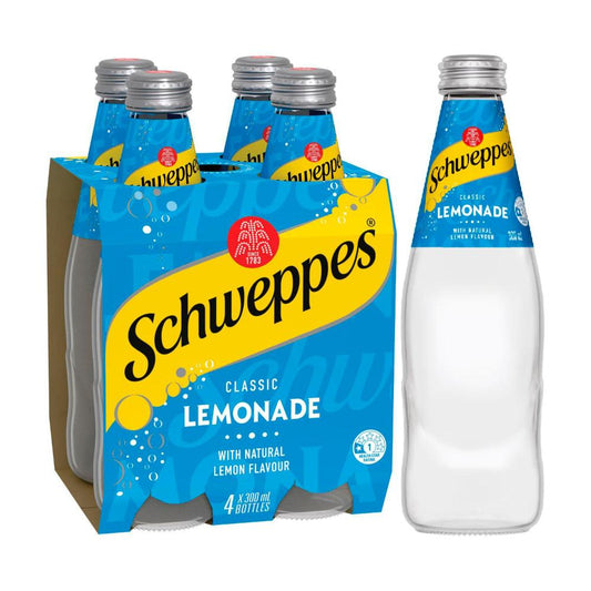 Schweppes Lemonade Soft Drink Bottle Glass Multipack 300ml x 4 Pack