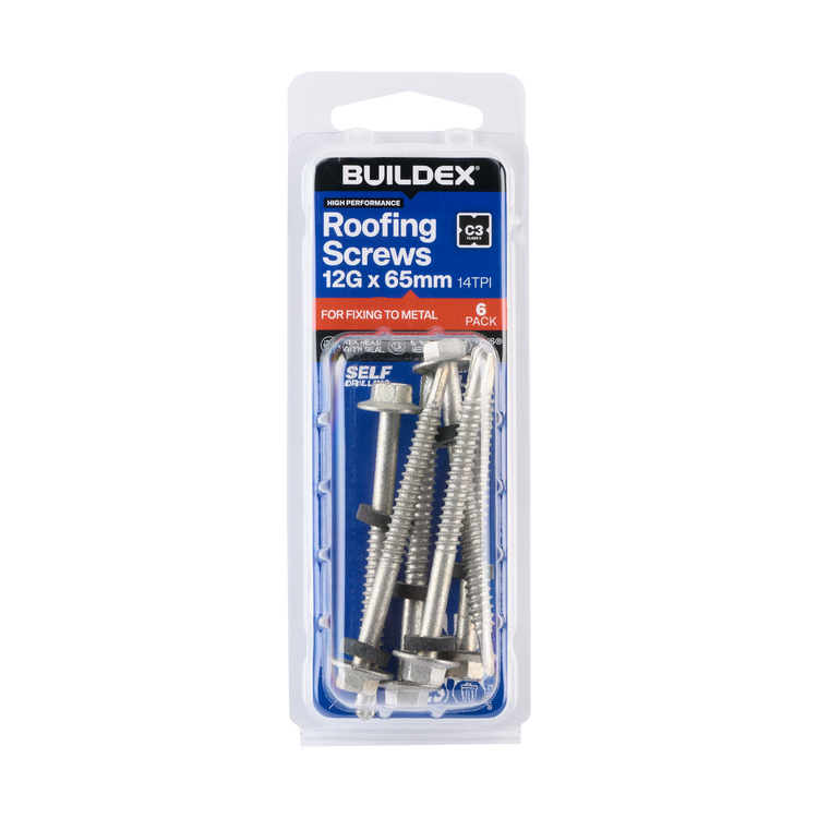 Buildex Roofing Teks Screws - 12g x 65mm - Class 3 - 6 Pack