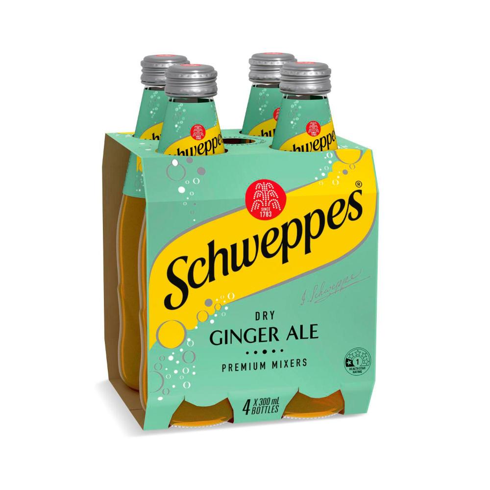 Schweppes Dry Ginger Ale Soft Drink Bottle Mixers Multipack 300ml x 4 Pack