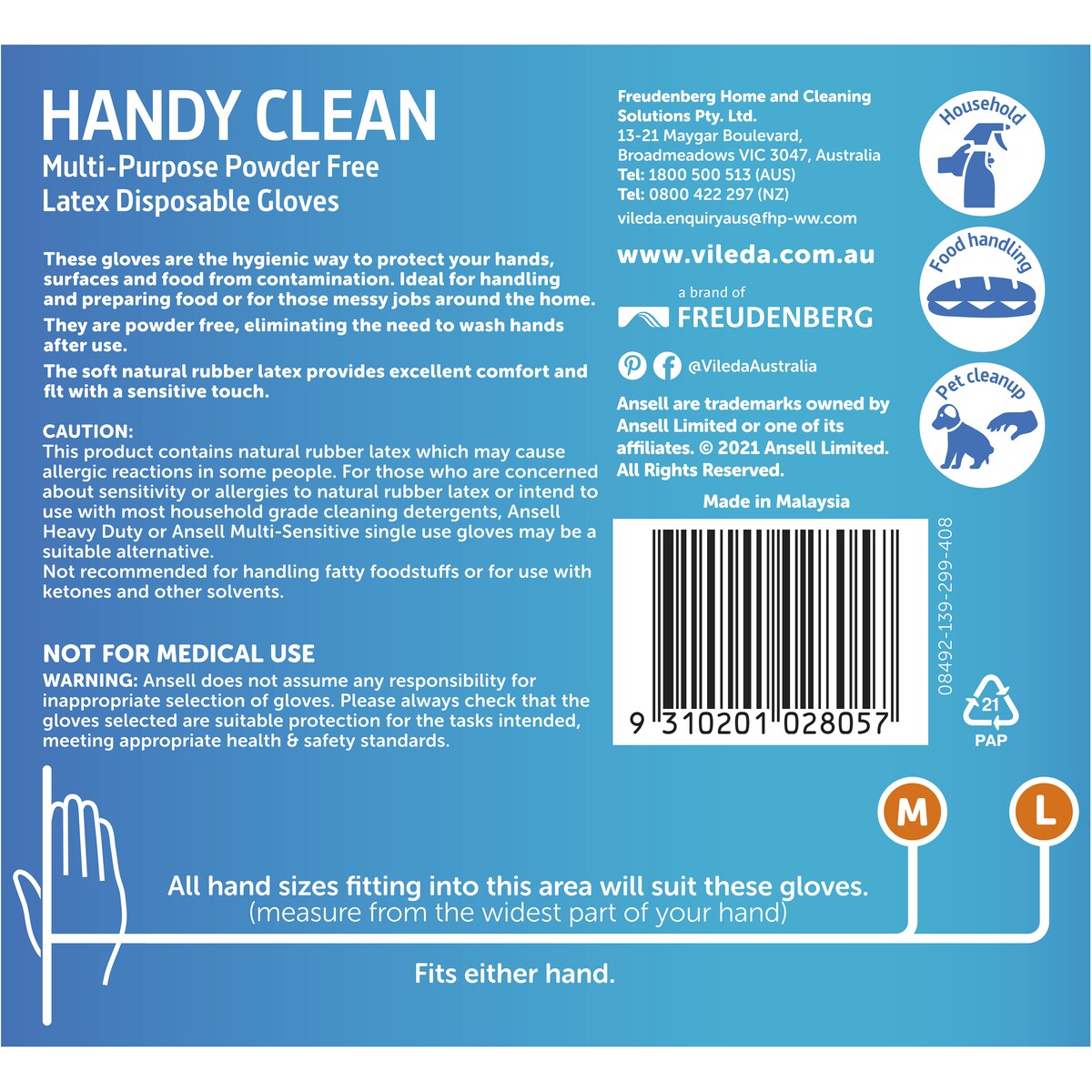 Vileda Ansell Handy Clean Latex Multi-Purpose Gloves M/L 24 pack