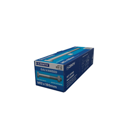 Zenith Hot Dip Galvanised Hex Head Bolts - M12 x 180mm - 12 Pack