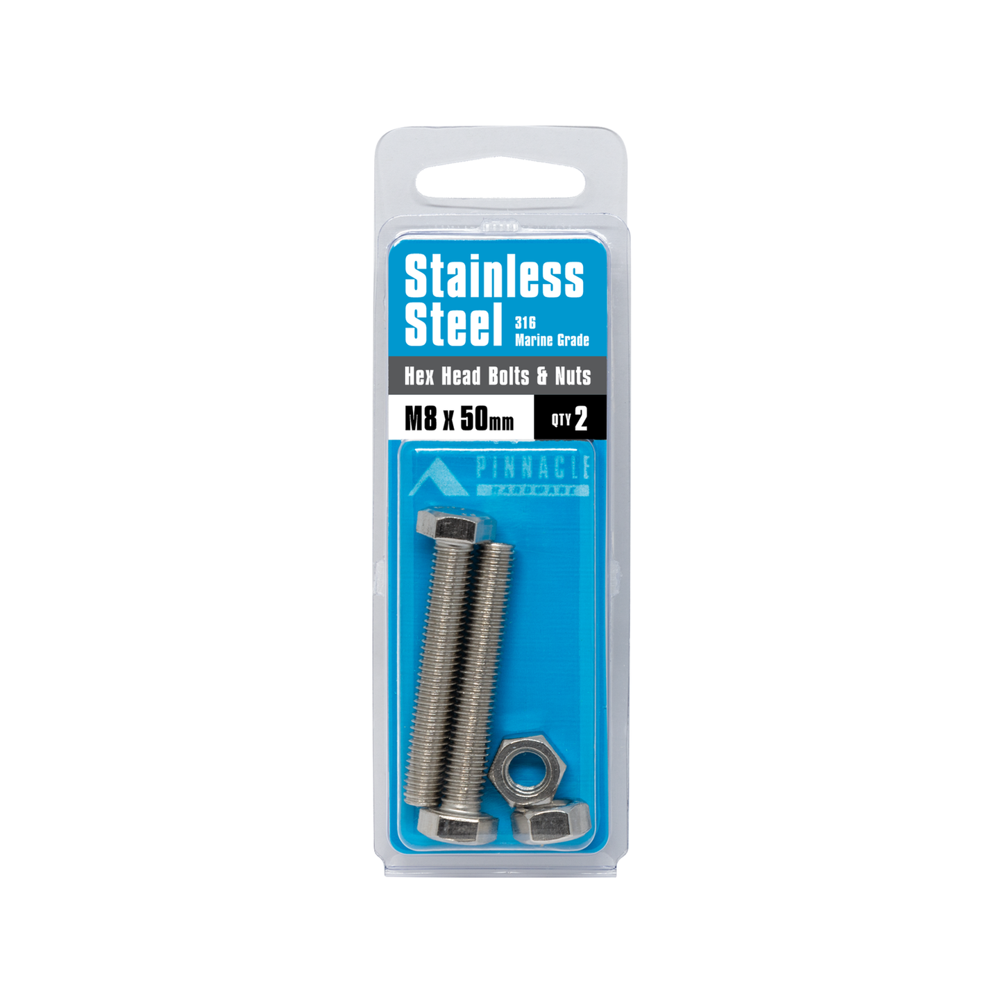Pinnacle M8 Hex Bolt and Nut - 50mm - Stainless Steel - 2 Pack