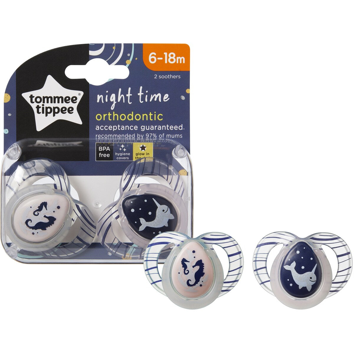 Tommee Tippee Closer To Nature Night-time Soothers 6-18 Months Assorted 2 Pack