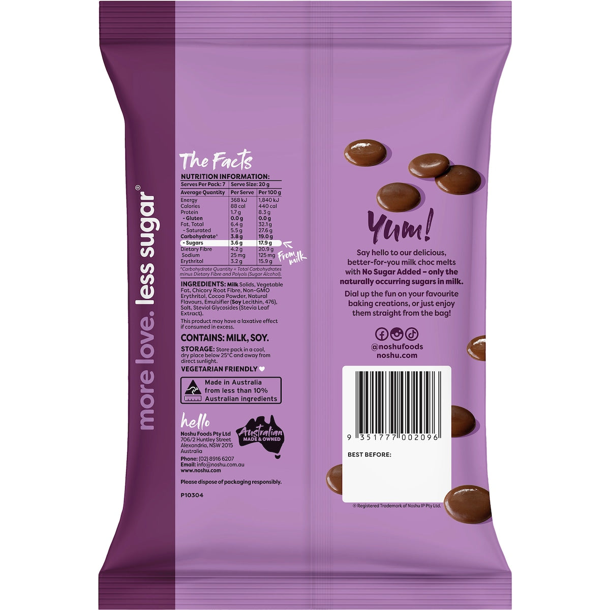 Noshu No Sugar Added Milk Choc Melts 140g