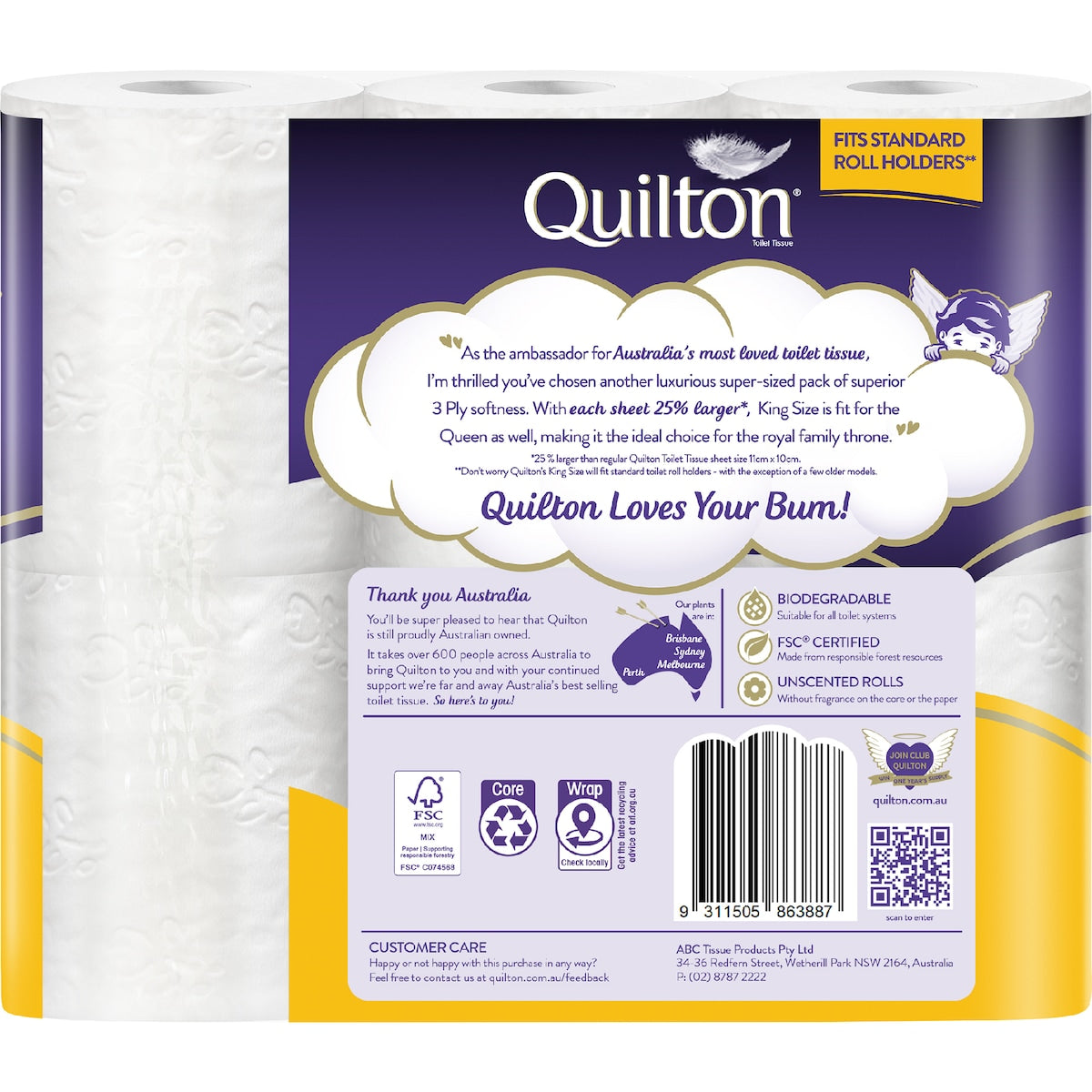 Quilton King Size 3 Ply Toilet Paper Unscented 6 Pack