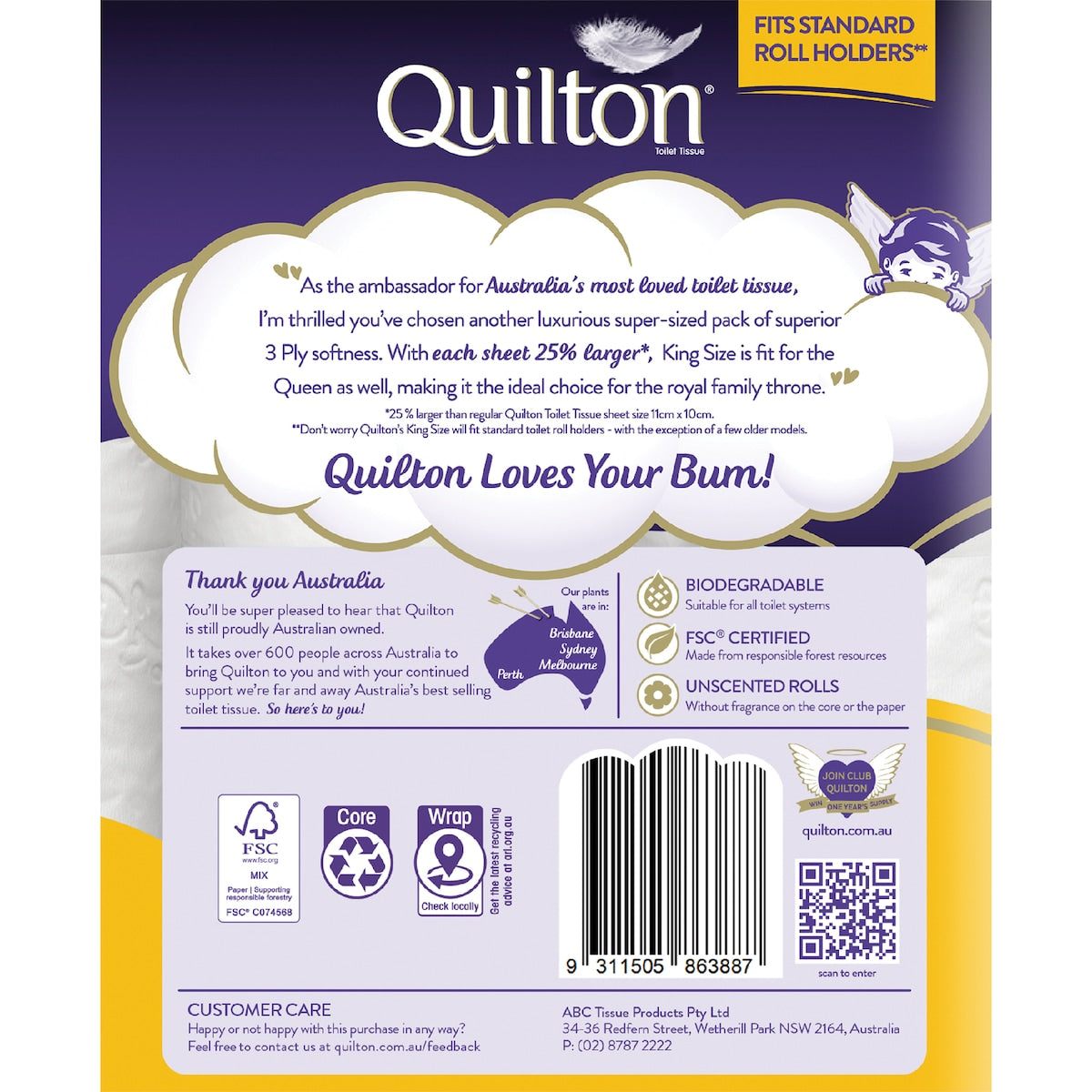 Quilton King Size 3 Ply Toilet Paper Unscented 6 Pack