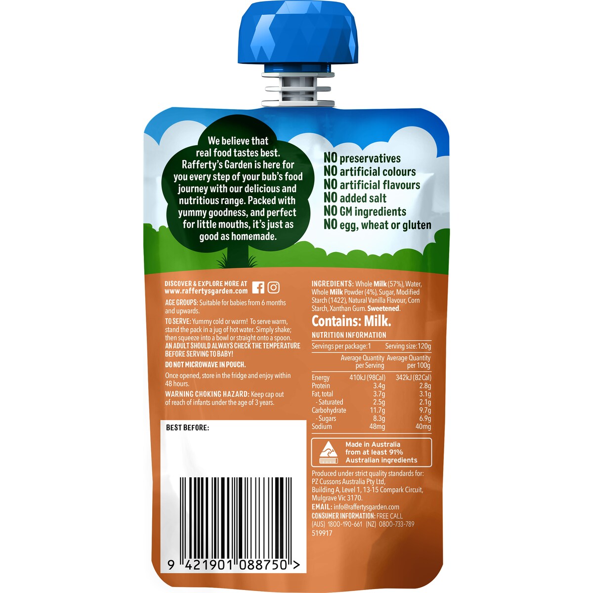 Raffertys Garden Baby Food Pouch Vanilla Custard 6+ Months 120g