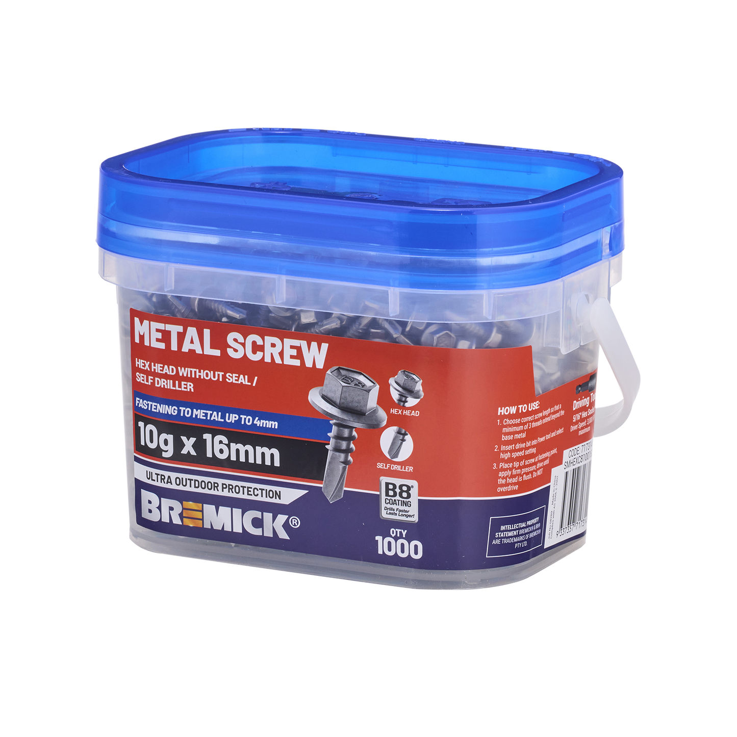 Bremick Metal Hex Screw - 10g x 16mm - B8 - 1000 Pack