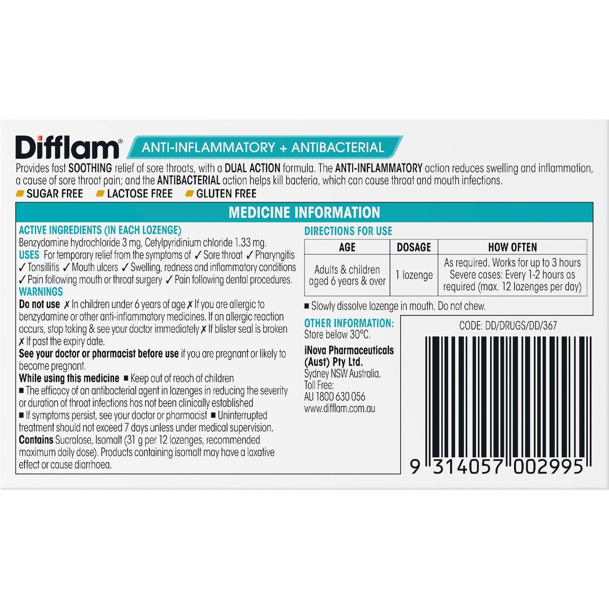 Difflam Sore Throat Lozenges Honey & Lemon 16 Pack