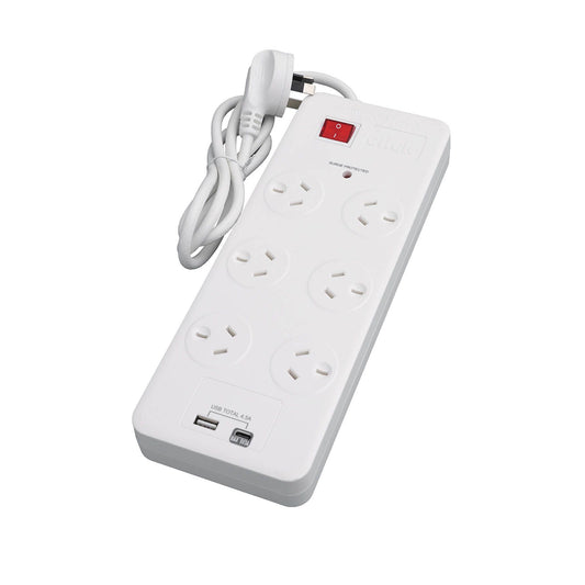 Click Power Board with USB Charger - 6 Outlet, 1m