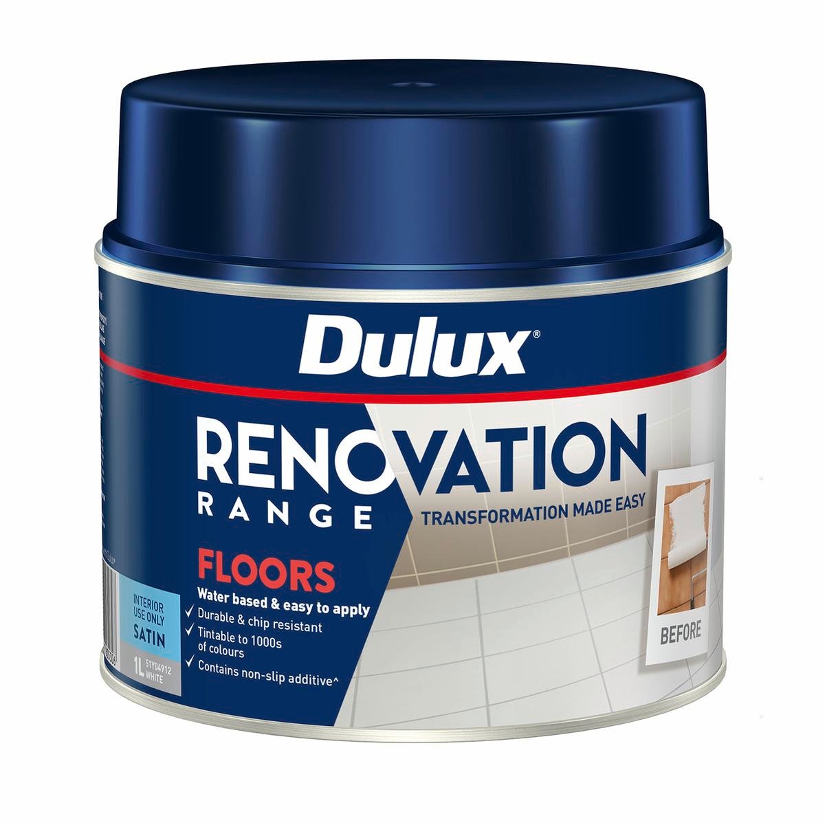 Dulux Renovation Range Floors Satin - 1L - White - 134mm x 107mm x 107mm