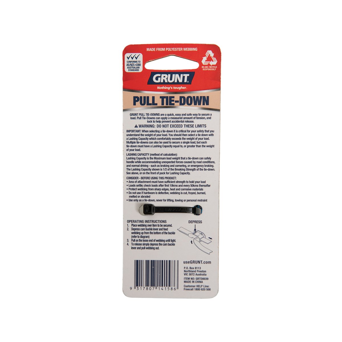Grunt Pull Tie Down Strap - 25mm x 2m - Polyester - Light Duty